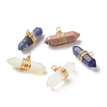 Natural & Synthetic Mixed Stone Double Terminated Pointed Pendants, with Copper Wire Wrapped, Faceted, Bullet, Real 18K Gold Plated, 17x31.5x10.5mm, Hole: 2.5mm
