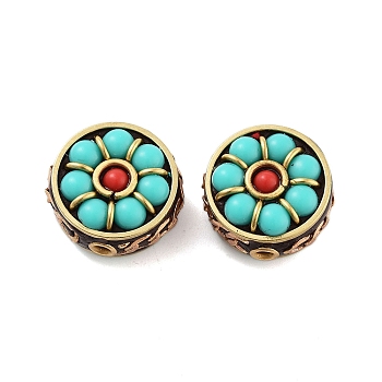 Handmade Indonesia Beads, with Brass and Resin, Flat Round, Cyan, 20x19x12mm, Hole: 1.7mm