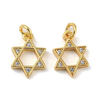 Rack Plating Brass Micro Pave Cubic Zirconia Pendants, with Jump Ring, Cadmium Free & Lead Free, Long-Lasting Plated, Star of David, Real 18K Gold Plated, 12.5x9x2mm, Hole: 2.4mm