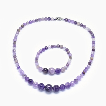 Natural Amethyst Graduated Beads Necklaces and Bracelets Jewelry Sets, with Brass Lobster Claw Clasps, 17.5 inch(44.5cm), 2 inch(5cm)