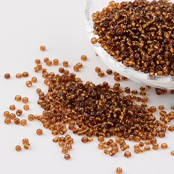 12/0 Glass Seed Beads, Silver Lined Round Hole, Round, Dark Goldenrod, 2mm, Hole: 1mm, about 3306pcs/50g