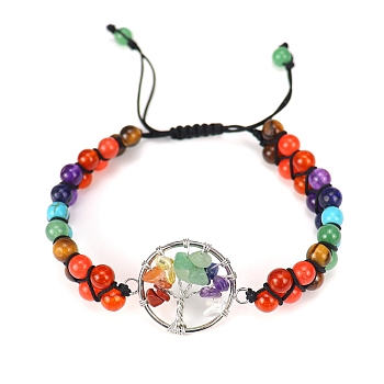 Alloy Tree of Life Link Bracelet, Natural & Synthetic Mixed Stone Beads Chakra Theme Adjustable Bracelet, 8-5/8 inch(22cm)