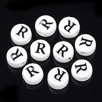 Handmade Porcelain Beads, Horizontal Hole, Flat Round with Letter, White, Letter.R, 8~8.5x4.5mm, Hole: 2mm