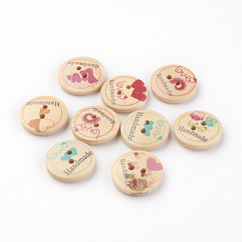 2-Hole Printed Wooden Buttons, Flat Round with Pattern & Word, PeachPuff, 20x5mm, Hole: 1.5mm
