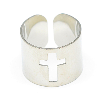 Adjustable Stainless Steel Cuff Finger Rings, Wide Band Rings, Cross, Size 7, Stainless Steel Color, 17mm