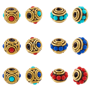 12Pcs 6 Style Handmade Indonesia Beads, with Brass Findings & Half Round Resin Beads, Rondelle & Round, Mixed Color, 10~13.5x9~10.5mm, Hole: 1.2~1.5mm, 2pcs/style