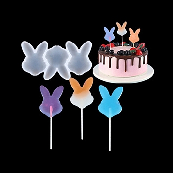 DIY Rabbit's Head Lollipop Making Silicone Molds, Candy Molds, for Edible Cake Topper Making, 3 Cavities, White, 82x134x6mm, Inner Diameter: 61x44.5mm, Fit for 2mm Stick