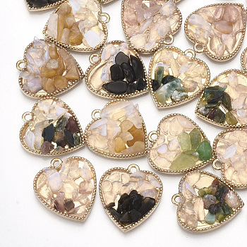 Natural Gemstone Chips Pendants, with Alloy Findings, Heart, Light Gold, Mixed Color, 22x20x4.5~8mm, Hole: 1.8mm