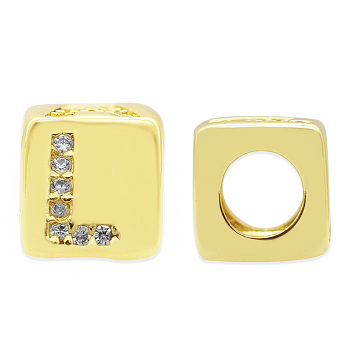 Brass Micro Pave Clear Cubic Zirconia European Beads, Cube with Letter, Letter.L, 8.5x8.5x8.5mm, Hole: 5mm, 3pcs/bag
