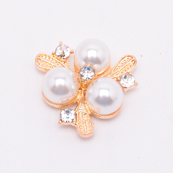 Alloy Cabochons, with Plastic Imitation Pearl & Crystal Glass Rhinestone, Flower, White, Light Gold, 22x9mm