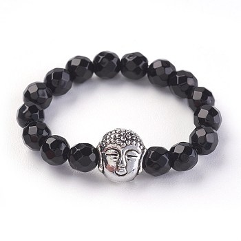 Natural Black Agate Stretch Rings, with Alloy Buddha Beads, Faceted, Round, Antique Silver, Size 8, 18mm