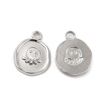 304 Stainless Steel Pendants, Flat Round with Octopus Charm, Stainless Steel Color, 16x13x2mm, Hole: 2mm