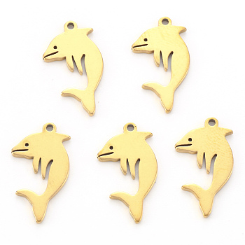 Vacuum Plating 304 Stainless Steel Pendants, Laser Cut, Dolphin, Golden, 18x10x1mm, Hole: 1.2mm