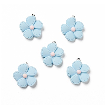 Opaque Resin Pendants, with Platinum Tone Iron Loops, 5-petal Flower Charm, Light Sky Blue, 29x25x7mm, Hole: 2mm