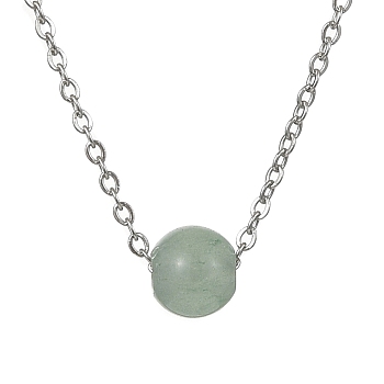 Natural Green Aventurine Round Bead Pendant Necklaces, Stainless Steel Cable Chain Necklace, for Women, 15-3/4 inch(40cm)