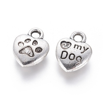 Tibetan Style Alloy Charm Enamel Settings, Heart Carved Word My Dog, Cadmium Free & Nickel Free & Lead Free, Antique Silver, 13x10x3mm, Hole: 2mm, about 980pcs/1000g