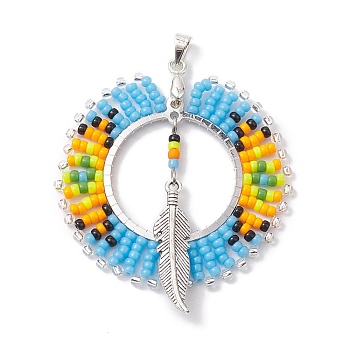 Seed Glass & Alloy Feather Pendant, with Brass Findings, Flat Round, Mixed Color, 45x40x3mm, Hole: 5x3.5mm