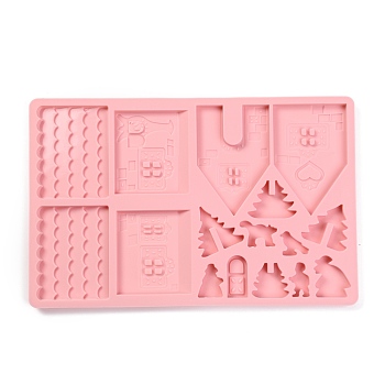 Christmas Gingerbread House Food Grade Silicone Molds, Fondant Molds, for DIY Cake Decoration, Chocolate, Candy, UV Resin & Epoxy Resin Jewelry Making, Pink, 284x182x8mm,  Inner Diameter: 21~98x18~91mm.