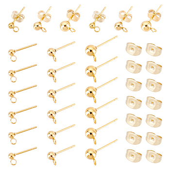 90Pcs 3 Style 304 Stainless Steel Ball Stud Earring Post, Earring Findings with Loop, with Ear Nut/Earring Backs, Golden, 14~17x5~8x3~7, Pin: 0.8mm