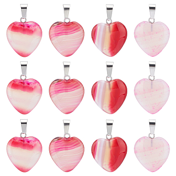 12Pcs Natural Banded Agate/Striped Agate Pendants, Dyed, Heart Charm, with Stainless Steel Color Tonr Stainless Steel Findings, Mixed Color, 22~24x20~21x5~7mm, Hole: 3~4x7~8.5mm
