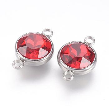 K9 Glass Rhinestone Links connectors, with 304 Stainless Steel Findings, Flat Round, Red, 14x21.5x9mm, Hole: 2.5mm