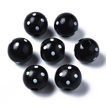 Painted Natural Wood European Beads, Large Hole Beads, Printed, Round with Dot, Black, 16x15mm, Hole: 4mm