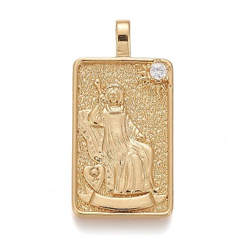 Brass Micro Pave Clear Cubic Zirconia Pendants, Real 18K Gold Plated, Tarot Card Charms, The Empress, The Empress III, 30x15x4mm, Hole: 3~4mm