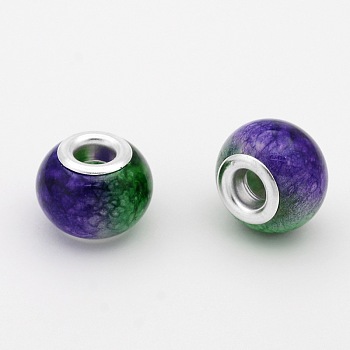 Large Hole Glass European Beads, with Silver Color Plated Brass Cores, Rondelle, Lime Green, 14x10mm, Hole: 5mm