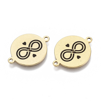 201 Stainless Steel Enamel Links connectors, for Valentine's Day, Flat Round with Heart & Infinite, Black, Golden, 16x21x1mm, Hole: 1.4mm