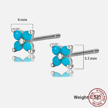 Platinum Rhodium Plated Sterling Silver Flower Stud Earrings, with Cubic Zirconia, with S925 Stamp, Turquoise, 4x4mm