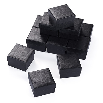 Shell Textured Paper Jewelry Ring Storage Gift Boxes, Square, Black, 4.9x4.9x3.3cm