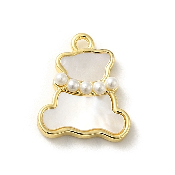 Oval/Bear Brass Pave Natural White Shell Pendants, with Plastic Pearl, Real 14K Gold Plated, Bear, 15.5x13x2mm, Hole: 1.6mm