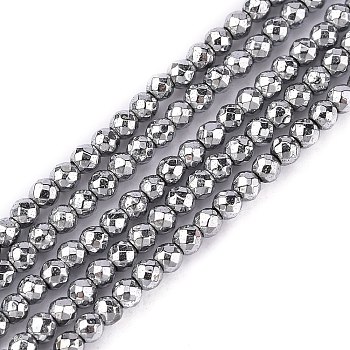 Non-Magnetic Synthetic Hematite Beads Strands, Faceted, Round, Silver Plated, 3mm, Hole: 1mm