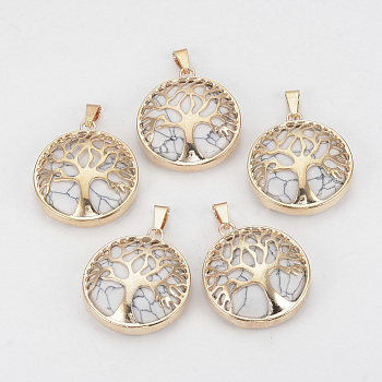 Natural Howlite Pendants, with Brass Findings, Flat Round with Tree of Life, Golden, 30.5x27x8mm, Hole: 7x3mm