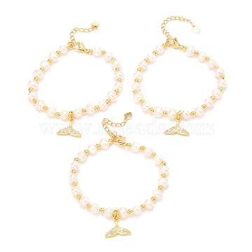 Brass Micro Pave Cubic Zirconia Whale Tail Shape Charms Bracelets, Real 18K Gold Plated, with Natural Pearl, Long-Lasting Plated, White, 6-1/2 inch(16.5cm)(BJEW-D447-13G)