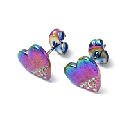 Ion Plating(IP) 304 Stainless Steel Heart Stud Earrings for Women, Rainbow Color, 9.5x10.5mm, Pin: 0.7mm(EJEW-F300-07MC)