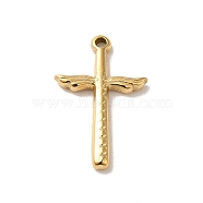 304 Stainless Steel Pendants, Cross with Wing Charm, Real 14K Gold Plated, 19x12.5x2mm, Hole: 1mm(STAS-L022-235G)