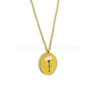 Birth Month Flower Style Titanium Steel Oval Pendant Necklace, Golden, January Carnation, 15.75 inch(40cm)(PW-WG38206-01)
