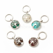Synthetic & Natural Stone Keychain, with 304 Stainless Steel Split Key Rings, Flat Round with Tree of Life, 5.7cm(KEYC-JKC00313)