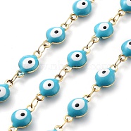 304 Stainless Steel Link Chains, with Resin & Enamel & Spool, Unwelded, Real 18K Gold Plated, Eye, Light Sky Blue, 11x6x4mm, about 32.81 Feet(10m)/Roll(CHS-C011-08G-07)