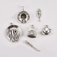 Tibetan Style Alloy Pendants, Tableware Theme, Mix Shapes, Antique Silver, 15~30x3.5~23x2~10mm, Hole: 1.5~4.5mm, 6pcs/set(TIBE-X0019-09)