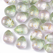 Two Tone Transparent Spray Painted Glass Beads, Top Drilled Beads, with Glitter Powder, Frosted, Teardrop, Light Green, 12.5x9.5x7mm, Hole: 1mm(GLAA-T017-01-B01)