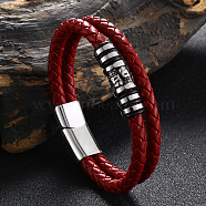Stainless Steel Skull Beaded Leather Double Layer Multi-strand Bracelet, Gothic Bracelet with Magnetic Clasp for Men, Red, 8-1/8 inch(20.6cm)(SKUL-PW0004-26B-02)
