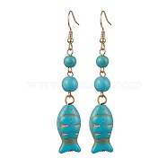 Synthetic Turquoise Dangle Earrings, 304 Stainless Steel Jewelry for Women, Fish, 69x12mm(EJEW-JE05849-01)