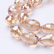 Electroplate Glass Beads Strands, Pearl Luster Plated, Faceted, teardrop, PeachPuff, 27~28x18mm, Hole: 2mm, about 25pcs/strand, 26.3 inch~27.1 inch(67cm~69cm)(EGLA-E049-PL01)