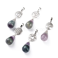 Yoga Chakra Jewelry, Natural Fluorite Pendants, with Platinum Plated Brass Findings, Teardrop & Votex/Om Symbol/Tree of Life/Flower of Life/Star of David, 42~45mm, Hole: 8x5mm(G-P441-B05)