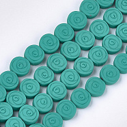 Spray Painted Non-magnetic Synthetic Hematite Beads Strands, Flat Round with Flower, Dark Cyan, 8x3mm, Hole: 0.8mm, about 49~50pcs/strand, 15.9 inch(G-T116-24-14)
