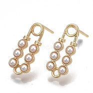 Brass Stud Earring Findings, with Loop, ABS Plastic Imitation Pearl, Nickel Free, Real 18K Gold Plated, Brooch, 16x6.5mm, Hole: 1.5mm, Pin: 0.8mm(KK-T038-483G)