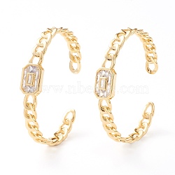 Brass Micro Pave Cubic Zirconia Cuff Bangles, Rectangle, Curb Chain, Real 18K Gold Plated, Clear, Inner Diameter: 2-1/4 inch(5.7cm)(BJEW-Z001-01C)