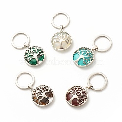 Synthetic & Natural Stone Keychain, with 304 Stainless Steel Split Key Rings, Flat Round with Tree of Life, 5.7cm(KEYC-JKC00313)
